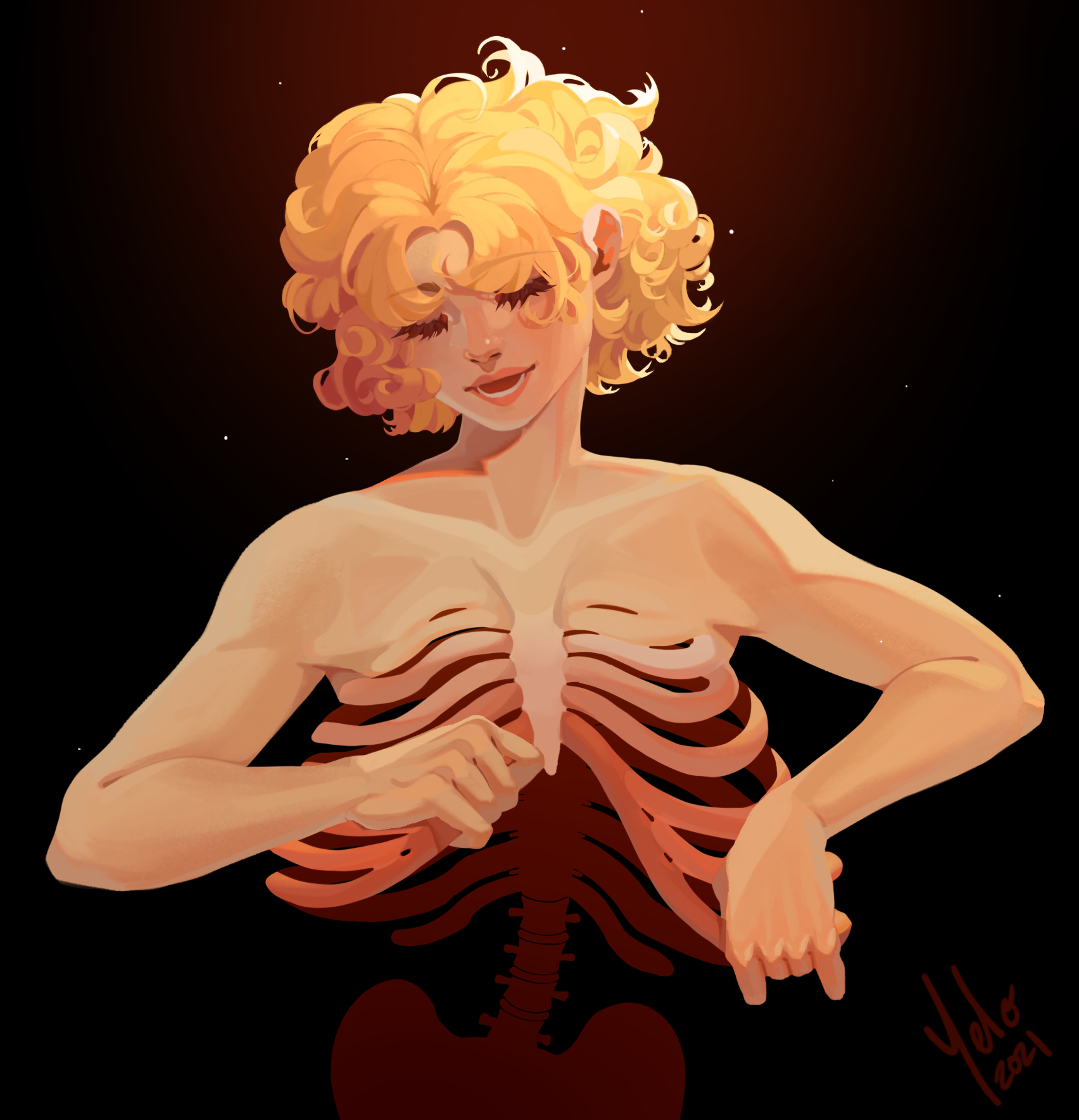 Woman with ribs exposed