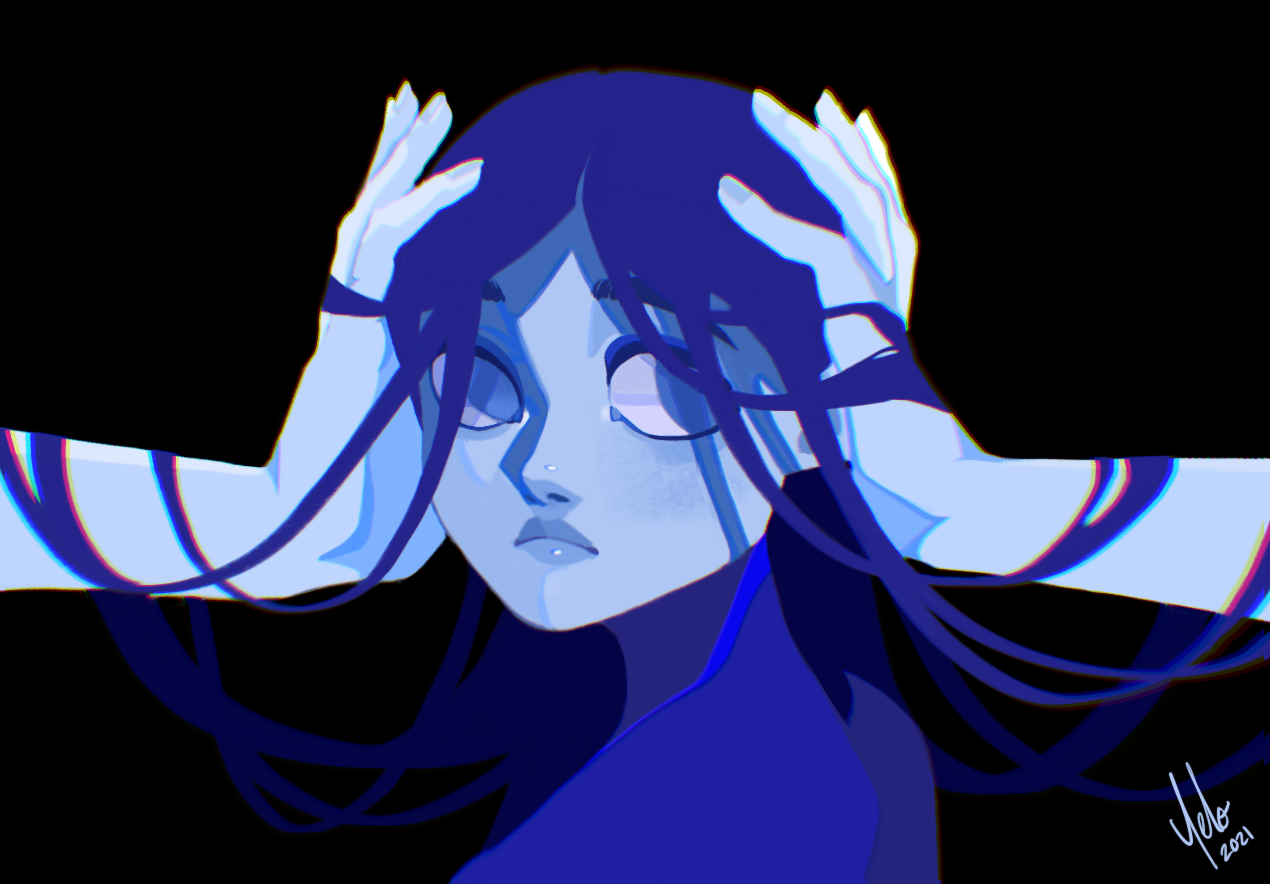 Young woman holding her head in blue color