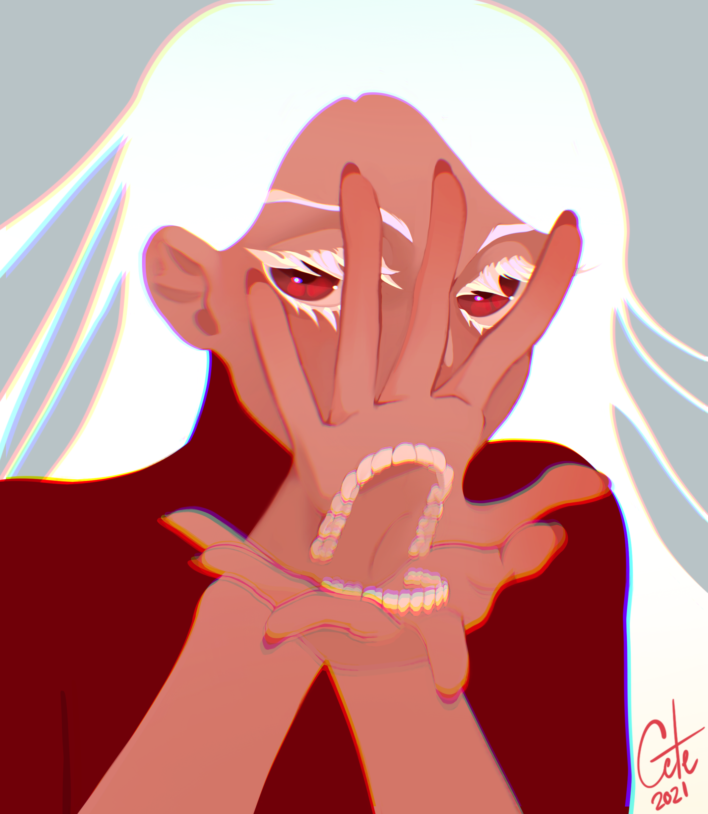 Young woman holding set of teeth in her hands