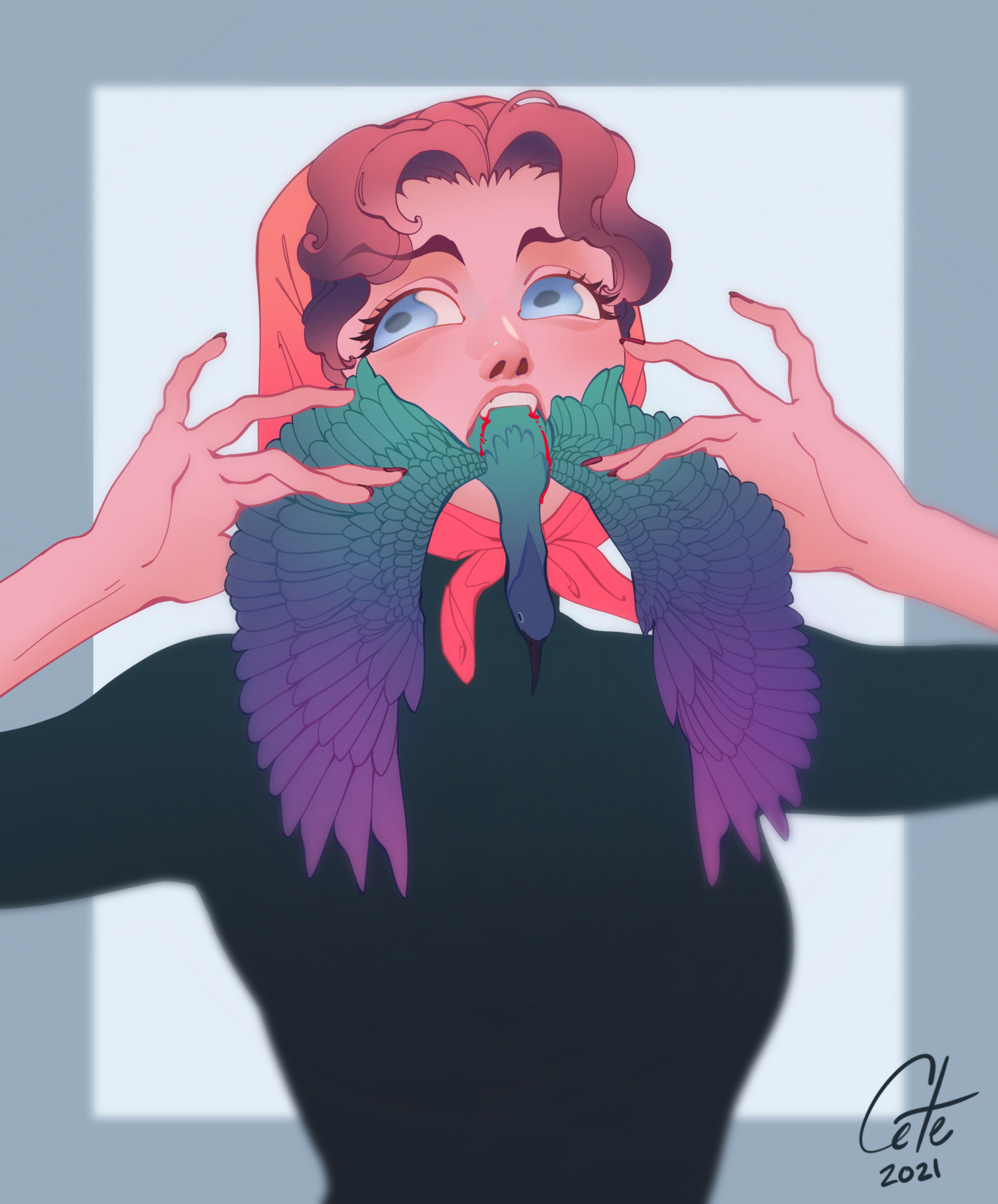 Woman pulling a bird out of her mouth