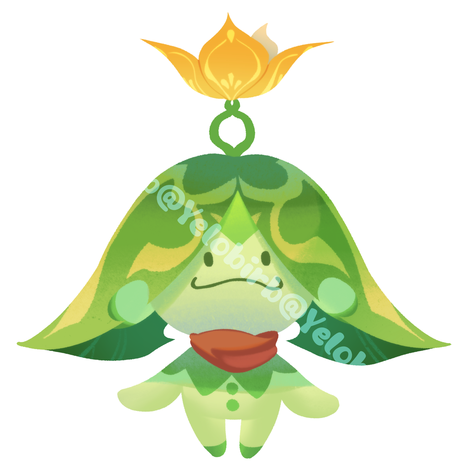 Smiling green creature with flower on head