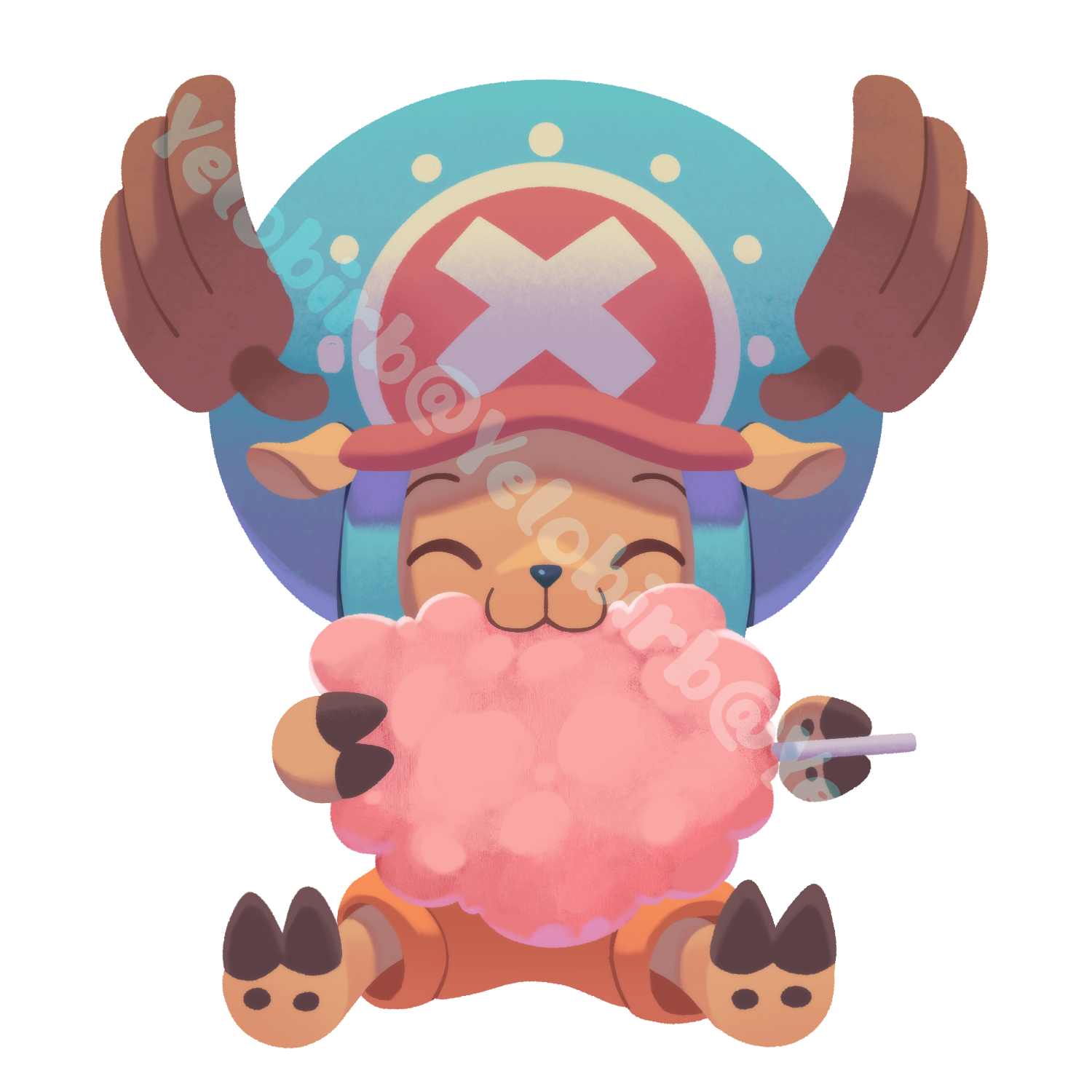 Happy creature eating fluffy cotton candy