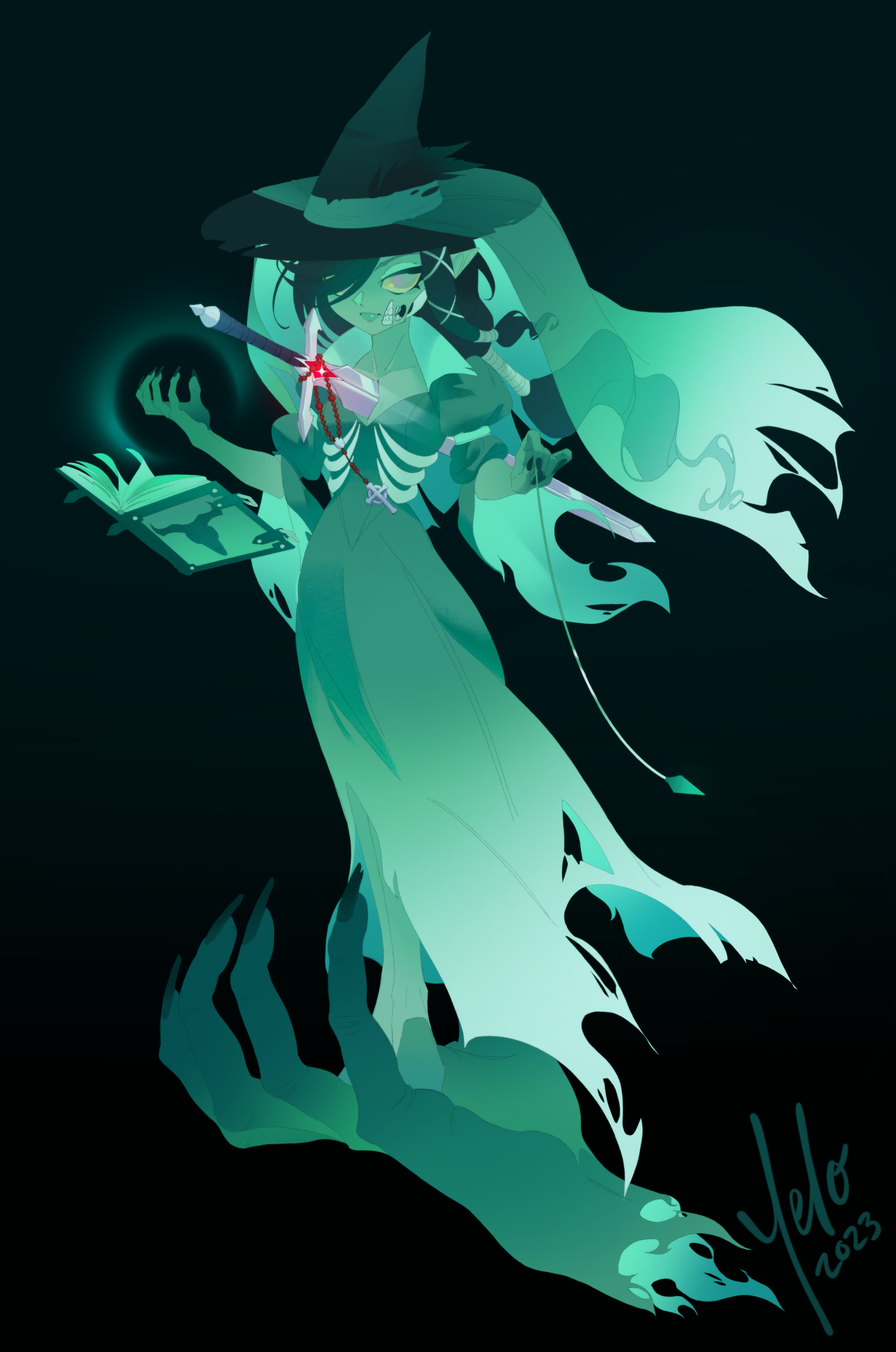 A green witch with a sword through her heart