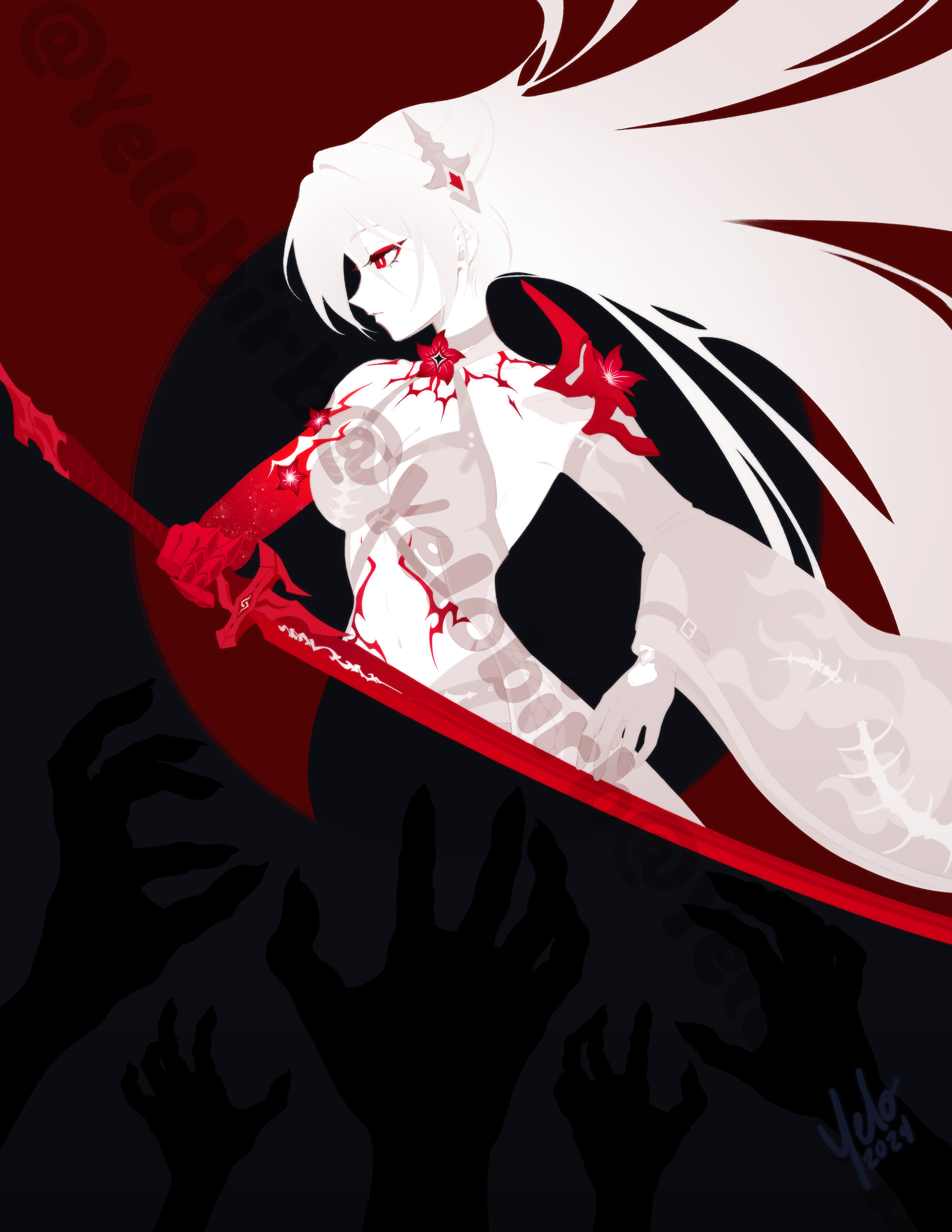 Young woman warrior in red