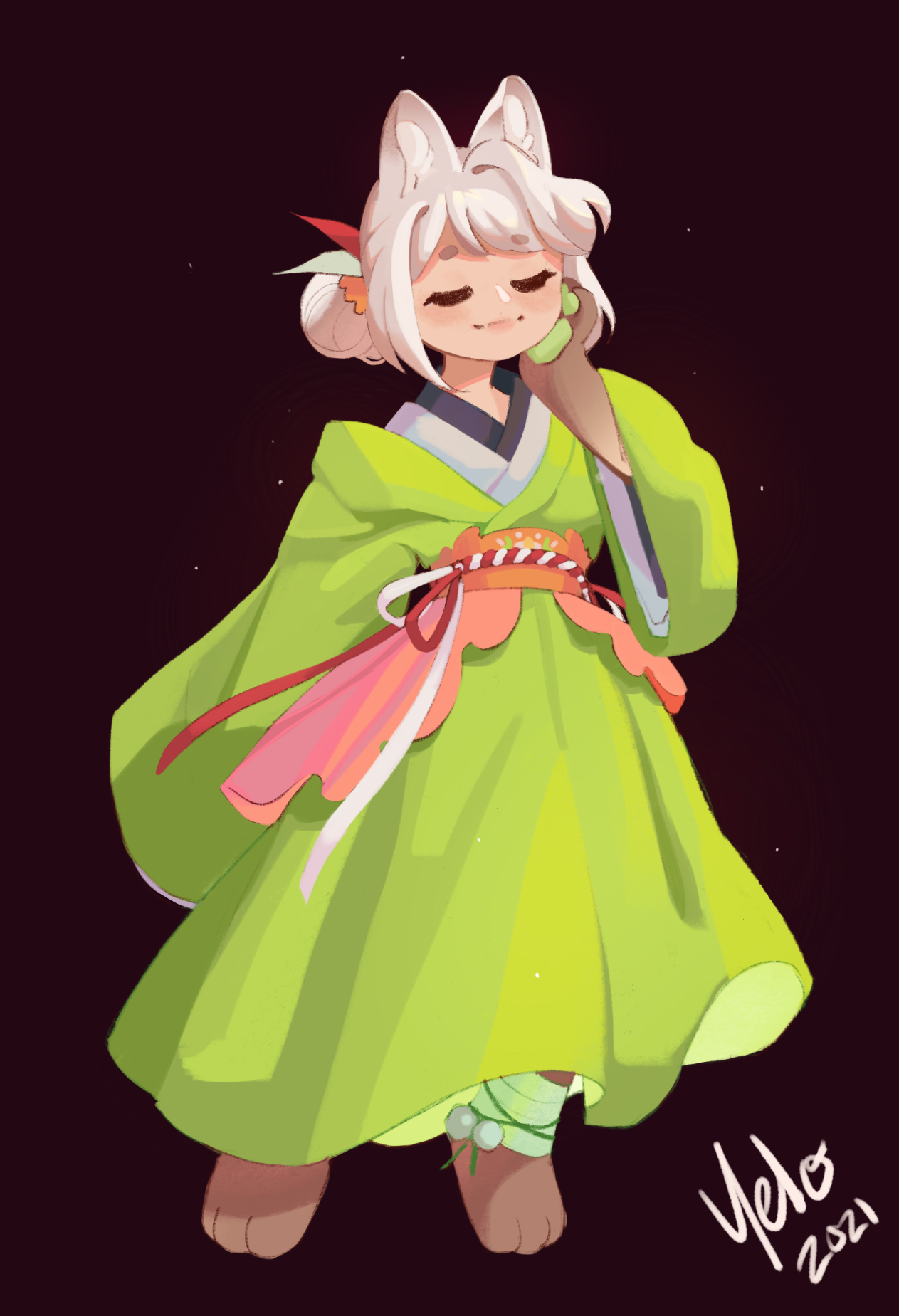 Girl with cat ears wearing kimono