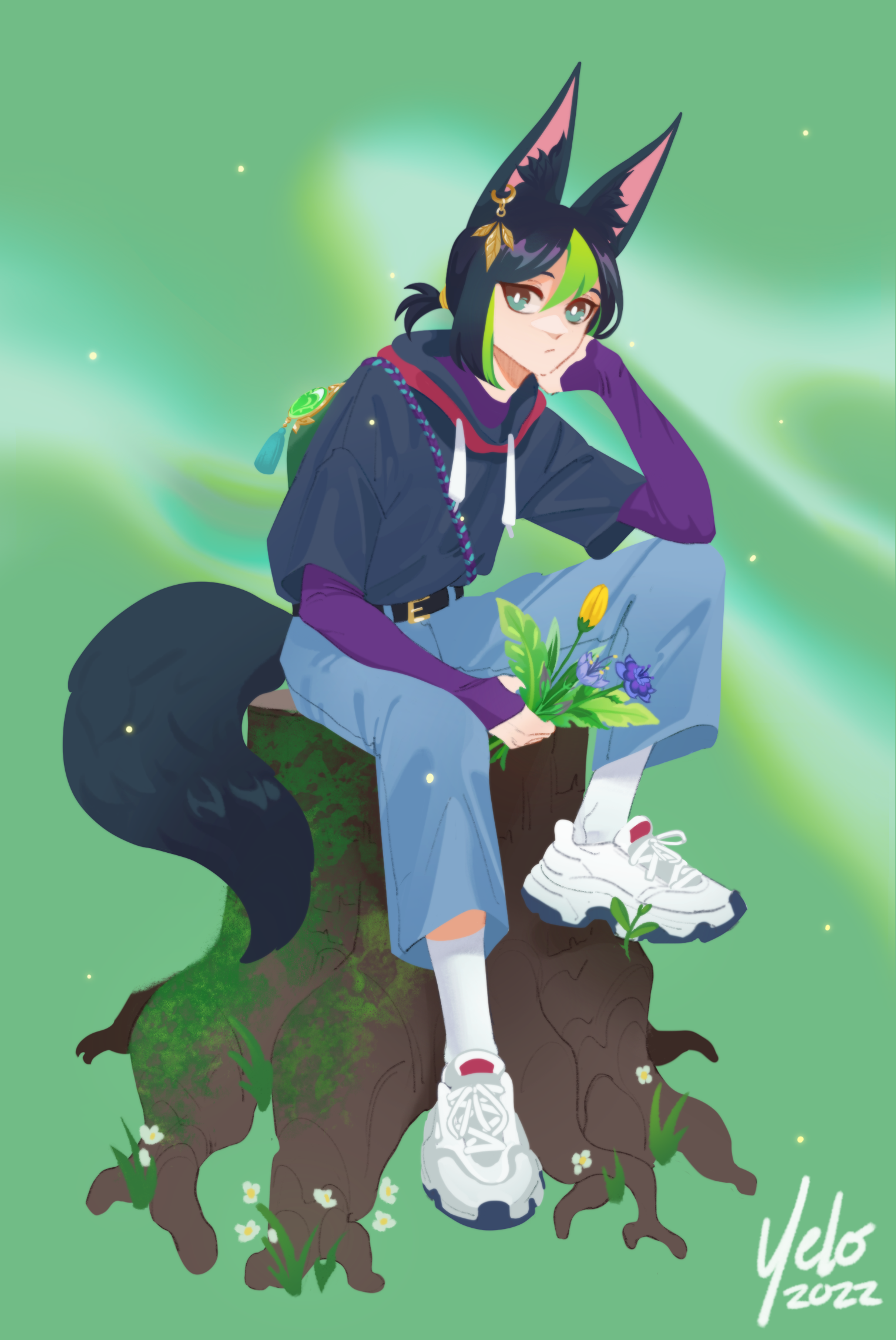 Nymph with ears and tail holding flowers